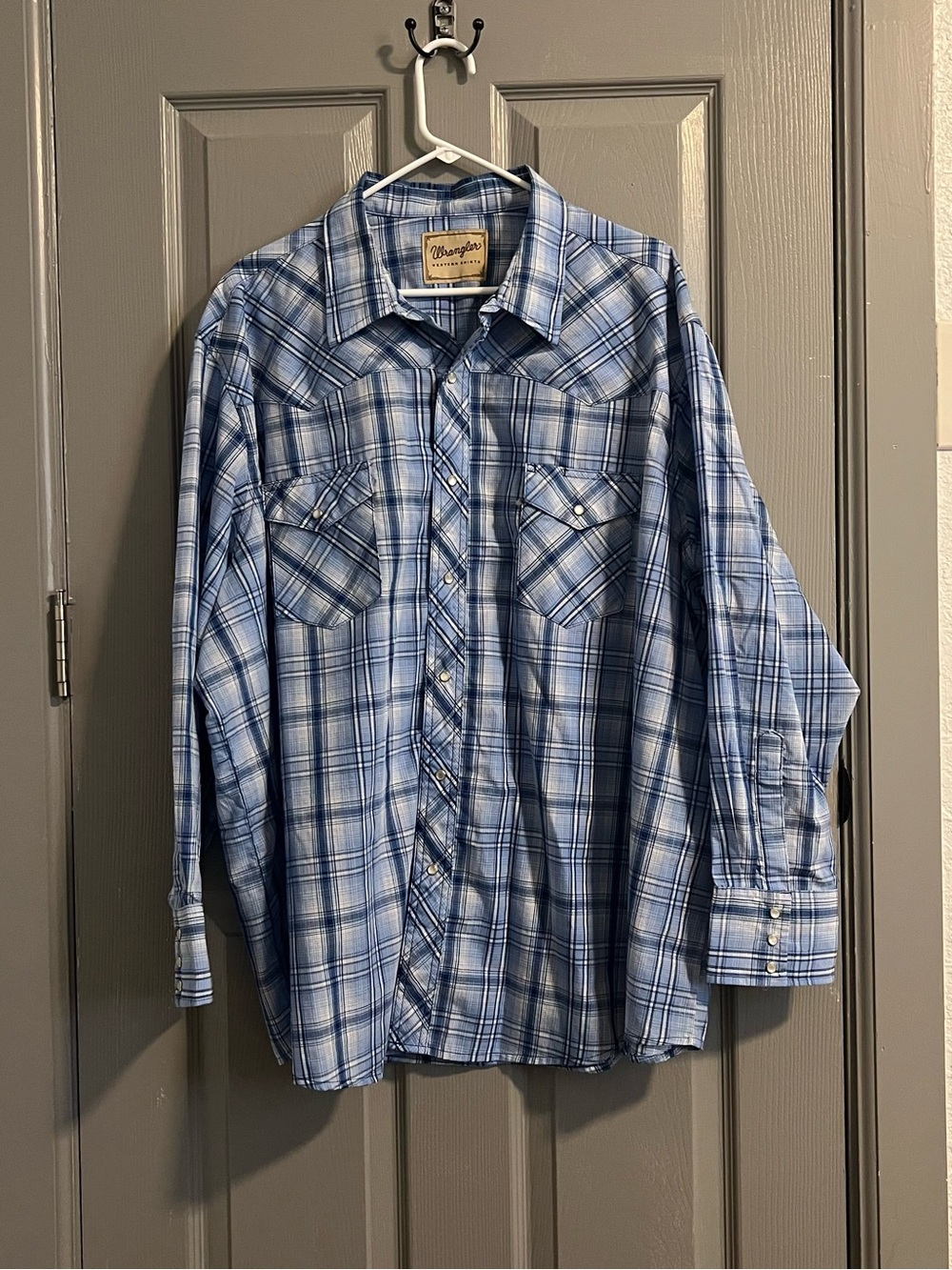Wrangler Navy Light Blue Plaid Western Pearl Snap Shirt Mens 3XL